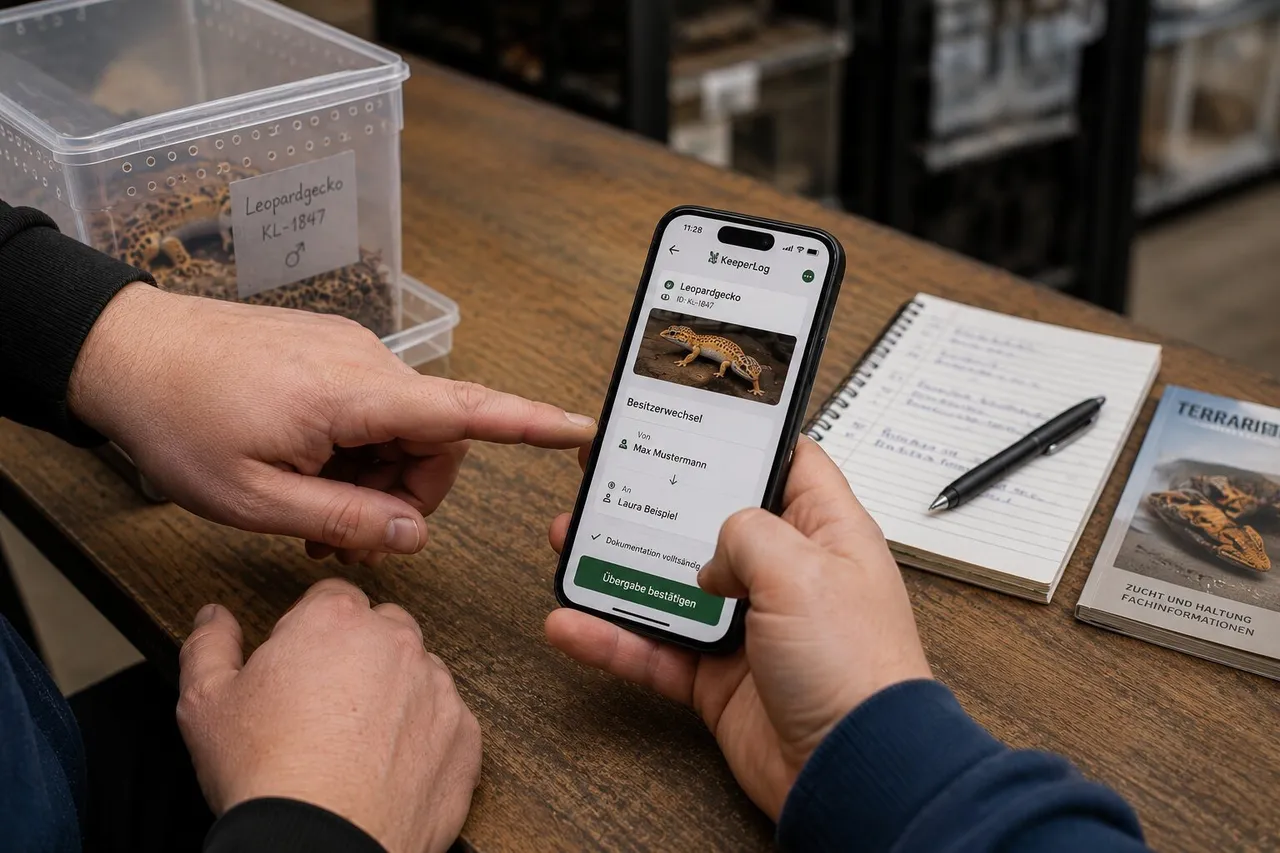 Übergabe-Moment: Der Käufer scannt das Tier-Profil auf dem Handy des Züchters